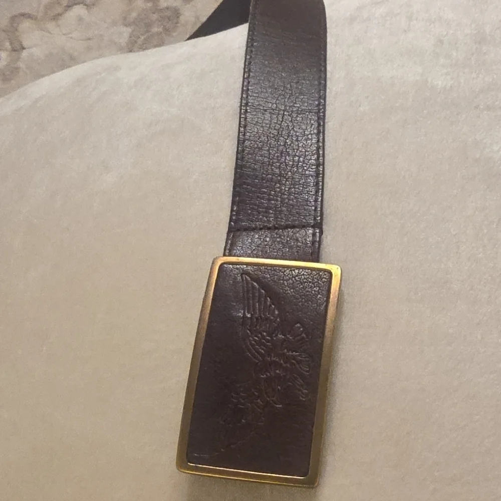 Linea Pelle Dark Brown Leather Belt with Brass-Tone Embossed Buckle